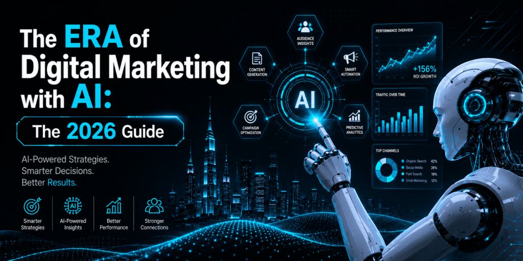 The Era of Digital Marketing with AI 2026 Guide featured image, showcasing a high-tech dark background with an advanced robot interacting with glowing analytics data screens and performance tracking dashboards.