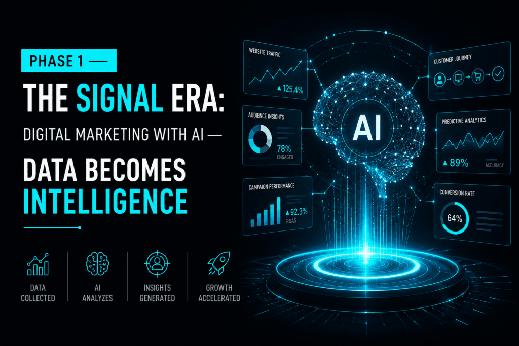 The Signal Era diagram explaining data becoming intelligence with a glowing neural network brain surrounded by conversion rate metrics and predictive analytics panels.