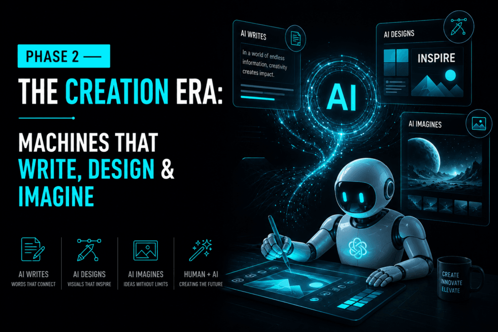 The Creation Era layout visualizing a generative AI content strategy with a creative workspace robot designing digital brand assets and visuals on a tablet interface.
