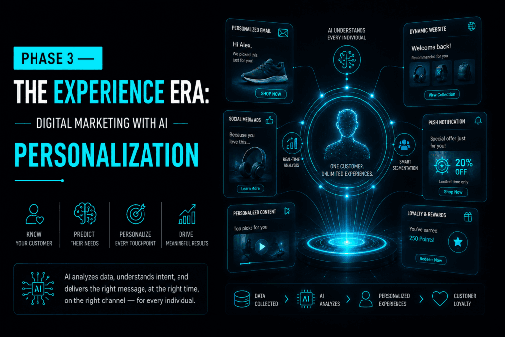 The Experience Era interface mapping real-time personalization systems across dynamic website versions, personalized email campaigns, and targeted social media ads.