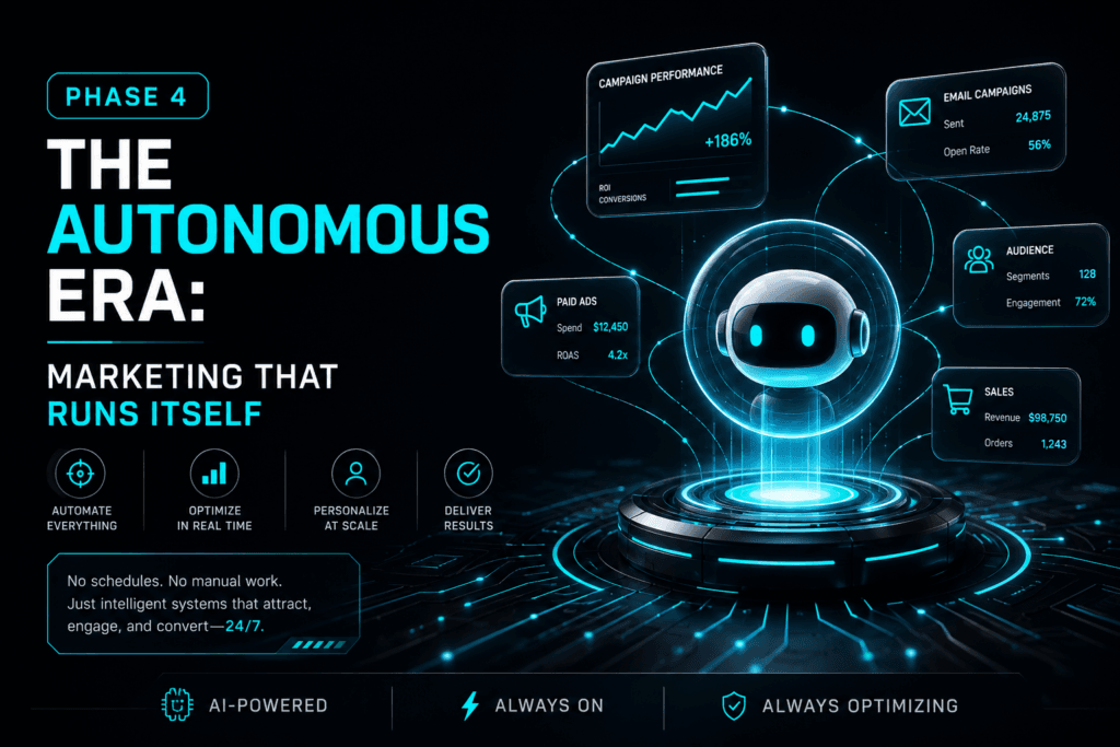 The Autonomous Era graphic demonstrating machine learning in advertising running independent marketing automation tools, campaign budgets, and real-time ROAS optimization.