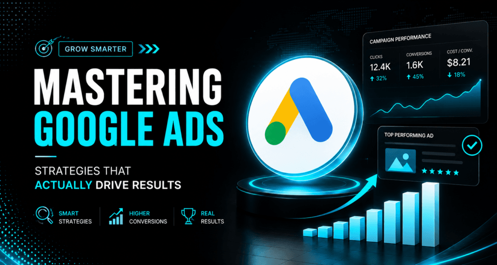 Mastering Google Ads guide featured banner, featuring a glowing 3D Google Ads logo alongside a campaign performance dashboard displaying conversion increases and real results analytics.