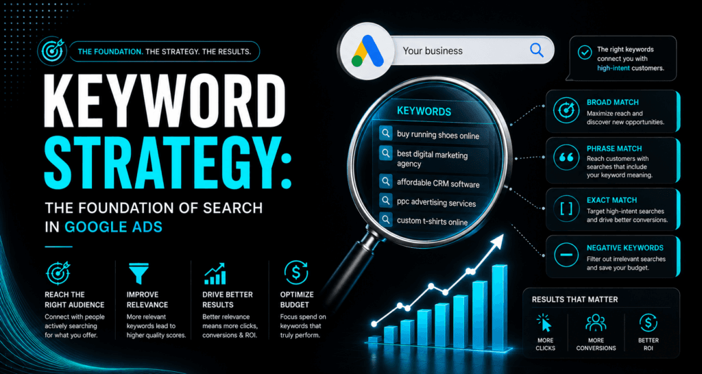 A technical keyword strategy blueprint for a search network PPC campaign, detailing Broad Match, Phrase Match, Exact Match, and negative keywords under a glowing magnifying glass.
