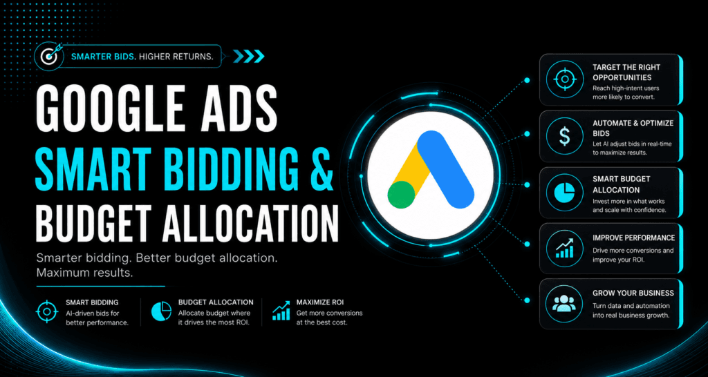 Google Ads Smart Bidding and budget allocation dashboard, mapping out automation targets to optimize conversion value and improve Return on Ad Spend (ROAS).