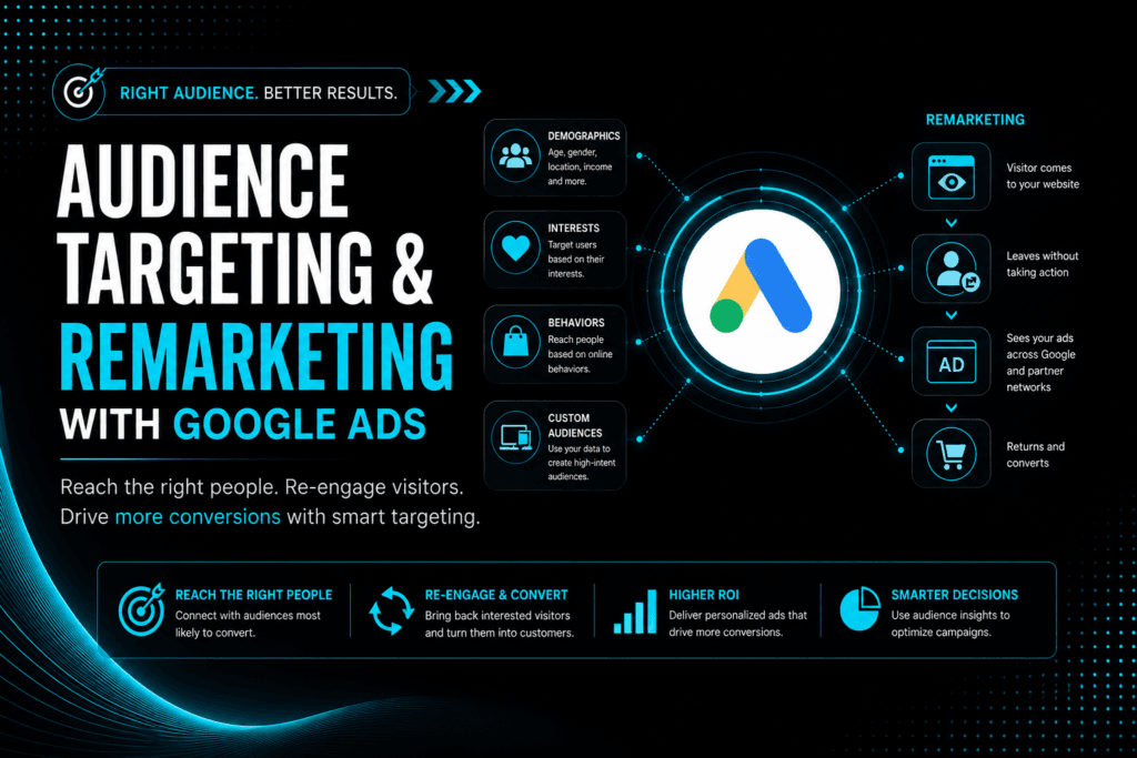 An audience targeting and remarketing workflow graphic for Google Ads, illustrating demographic segmentation, interest layers, and multi-step customer funnel tracking.
