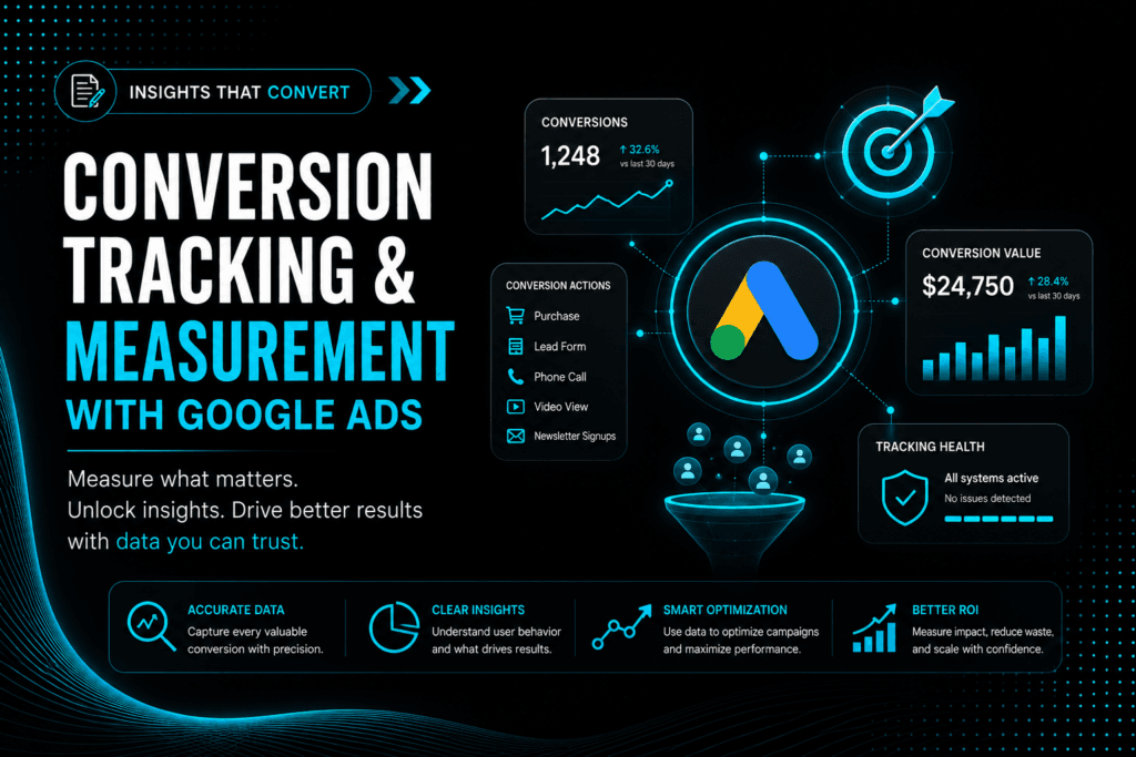 A conversion tracking and measurement system layout for Google Ads, tracking macro actions like purchases, leads, and phone calls to ensure clean performance data tracking.