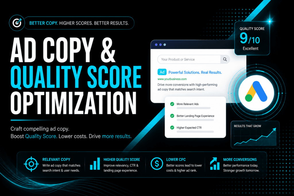 Ad copy and Quality Score optimization interface graphic, displaying a mockup search engine ad placement with a 9 out of 10 excellent performance rating to lower Cost-Per-Click (CPC).