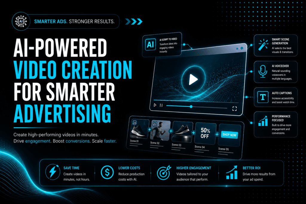 An AI-powered video creation dashboard highlighting smarter advertising assets, showing automated scene generation, text to script workflows, and instant video ad variations.