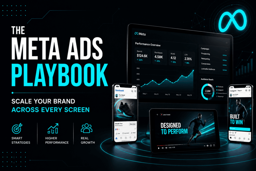 The Meta Ads Playbook featured blog banner, showing a glowing 3D Meta infinity logo next to a performance dashboard tracking cross-device campaign scalability and multi-screen advertising reach.