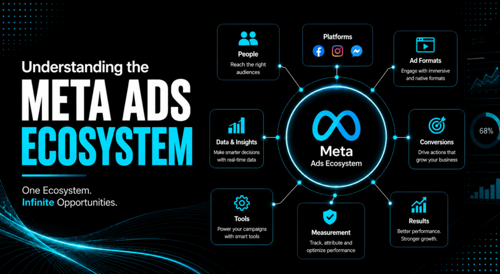A strategic landscape graphic mapping out the cross-platform Meta advertising ecosystem across Facebook, Instagram visual commerce, and conversational WhatsApp or Messenger placements.
