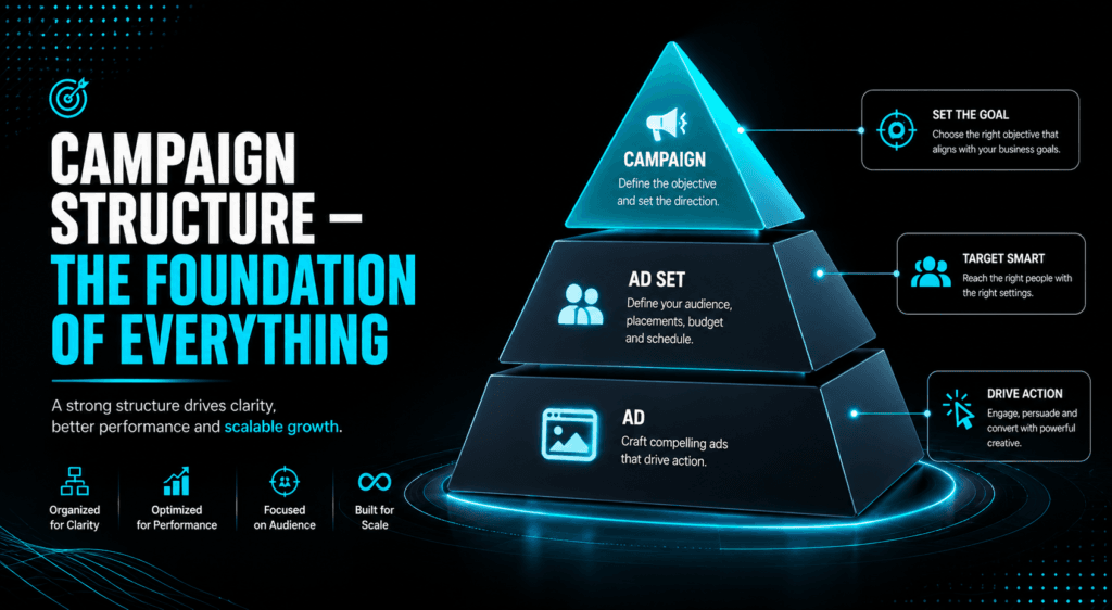 An account architecture blueprint illustrating clean Meta campaign structures, tracking the alignment of core business objectives down to individual ad sets without audience overlap.