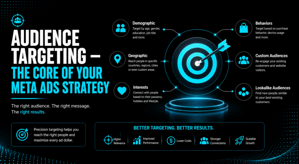 A data-driven custom audience targeting diagram for Meta Ads, showing segmentation pathways for core interests, first-party customer lists, and high-value lookalike models.