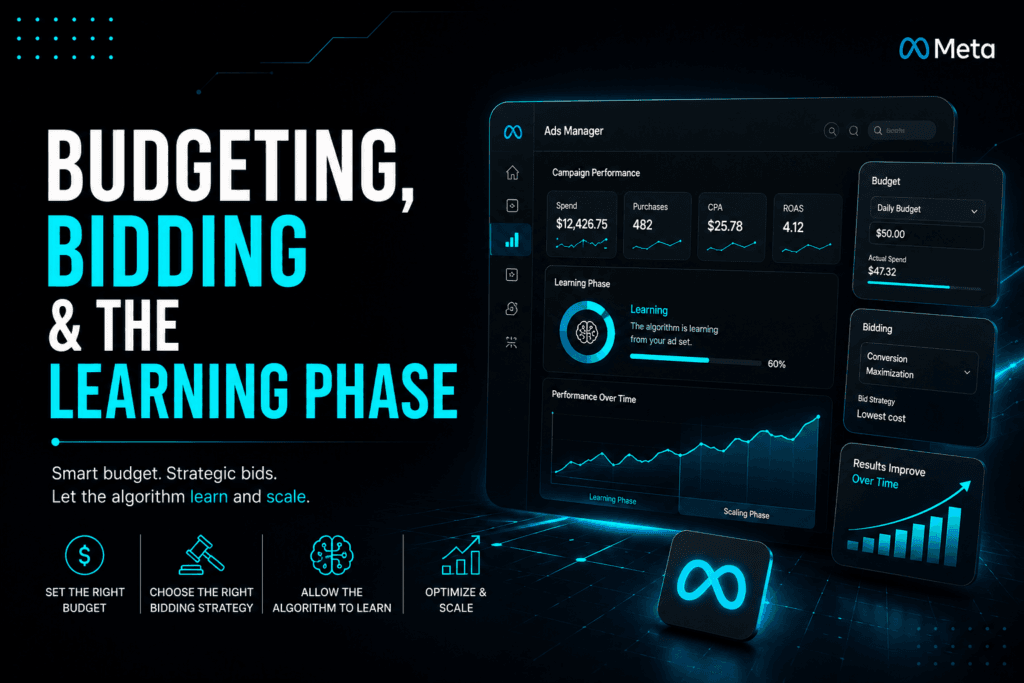 A campaign budget optimization dashboard mapping out auction bidding options to stabilize performance and efficiently exit the Meta Ads learning phase threshold.