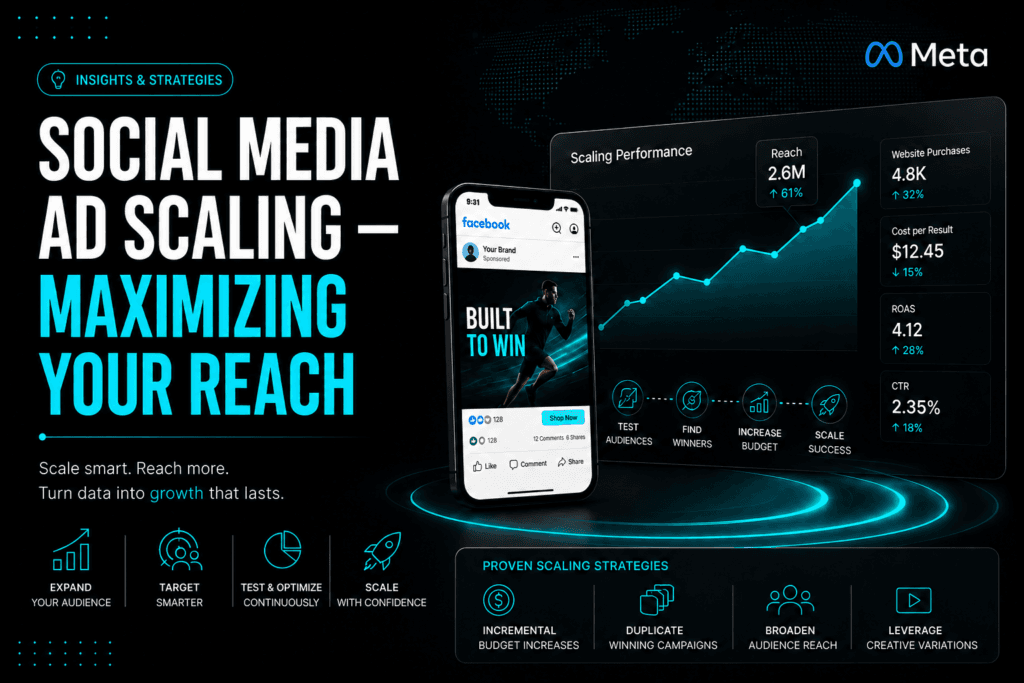 A social media ad scaling blueprint illustrating a disciplined strategy to incrementally increase budgets, broaden audience targets, and maximize brand reach safely across every screen.