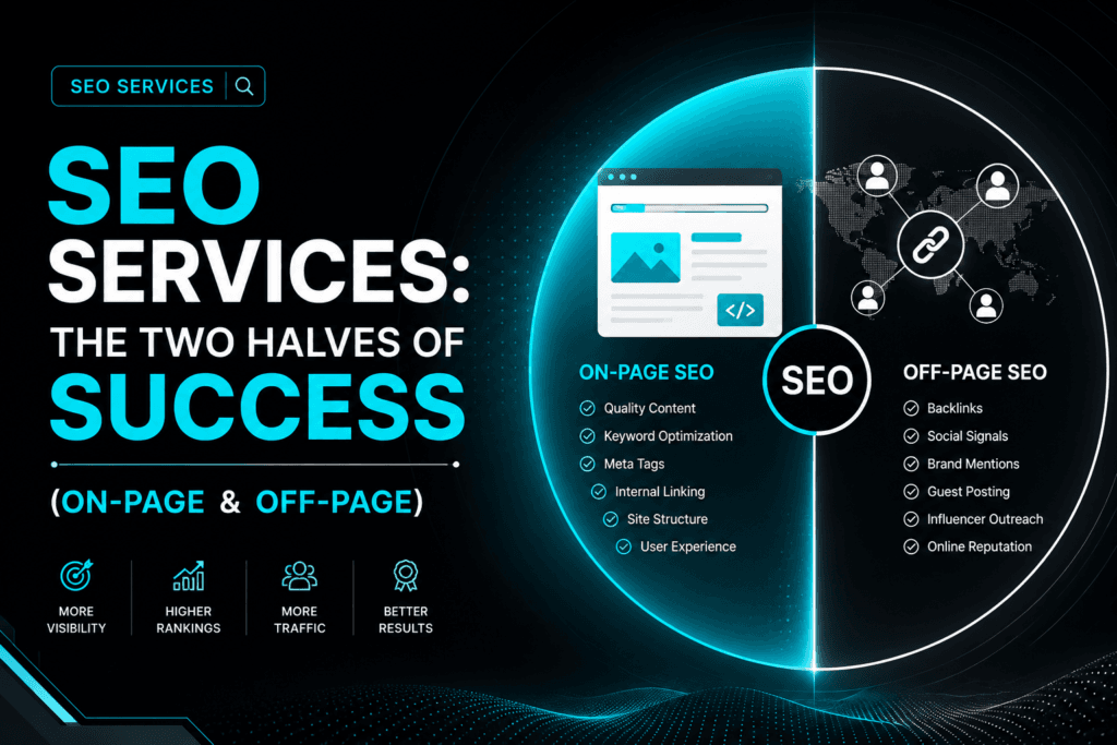 SEO Services main blog banner titled The Two Halves of Success, displaying a split circular interface comparing On-Page SEO technical optimization with Off-Page SEO digital footprint strategies.