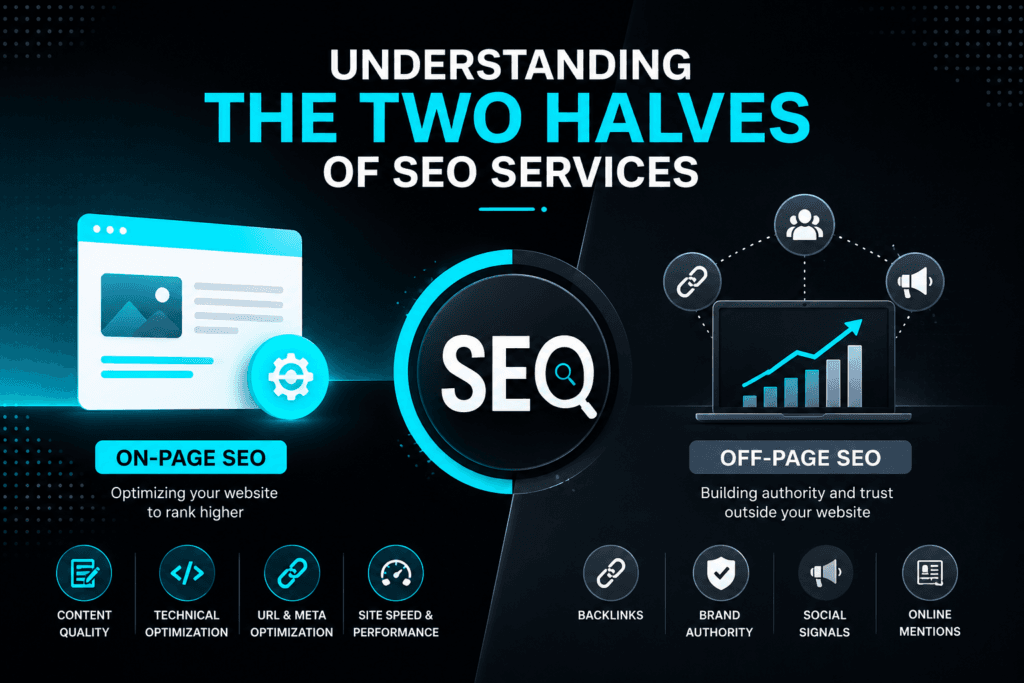 A conceptual digital marketing diagram titled Understanding the Two Halves of SEO Services, contrasting on-page technical optimization factors with off-page brand authority signals.