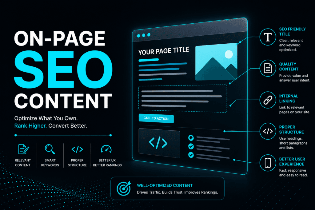 An infographic layout highlighting On-Page SEO Content optimization techniques, showcasing structural signals such as friendly titles, quality content formatting, internal linking, and mobile user experience.