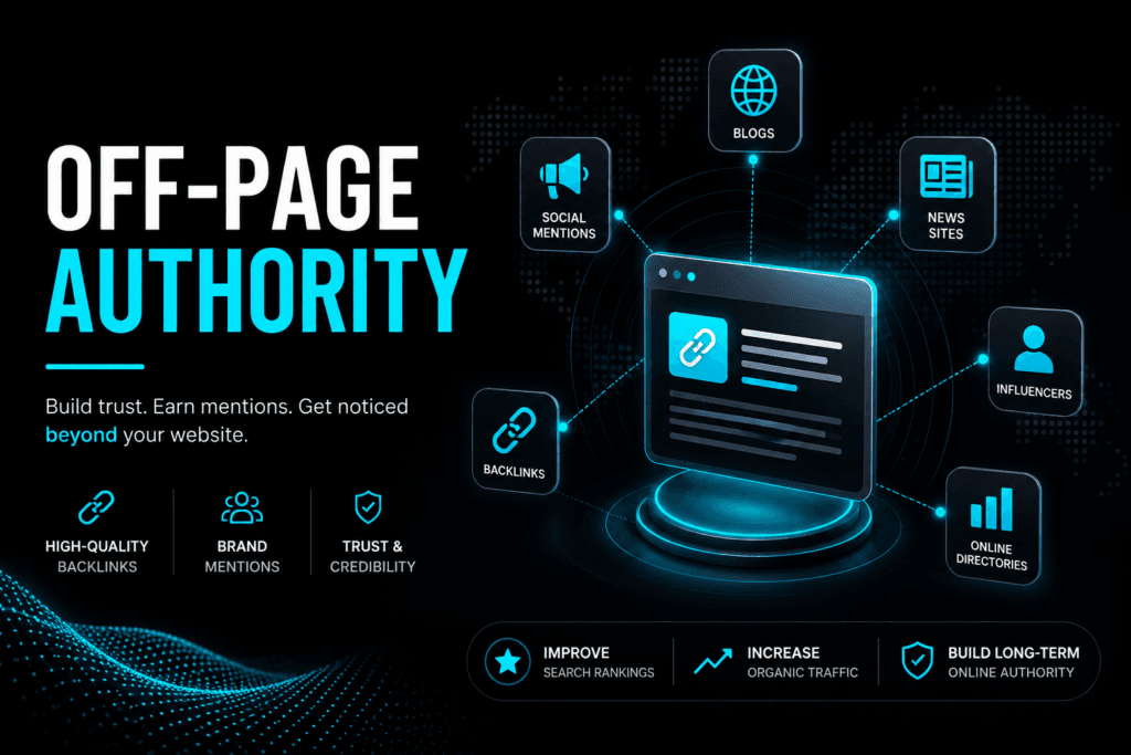 A strategic off-page authority framework detailing external optimization vectors including high-quality backlinks, social media mentions, news sites coverage, and directory submissions.