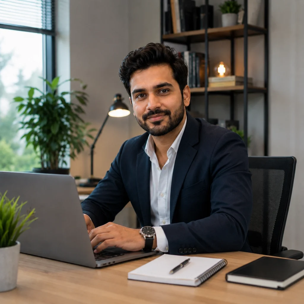 ClickSavo Marketing Manager typing on a laptop at a wooden office desk. A smiling professional man with a neat beard, wearing a dark suit blazer and white shirt, with an office window and bookshelf background.
