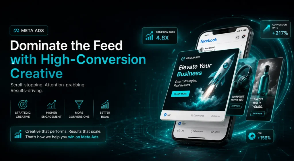 A data-driven digital advertising infographic illustrating the Meta Ads Playbook strategy, focusing on custom audience targeting models, vertical video asset tracking, and server-side Conversions API integration.