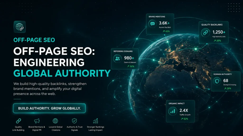 A strategic Off-Page SEO services infographic mapping out high-authority link building models, digital PR outreach tracking, brand entity credibility signals, and referral traffic scalability matrices.