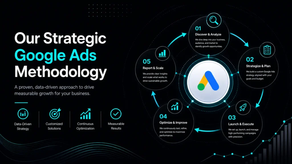 A 5-step Google Ads management methodology chart illustrating a strategic process framework across analysis, planning, execution, continuous optimization, and reporting.