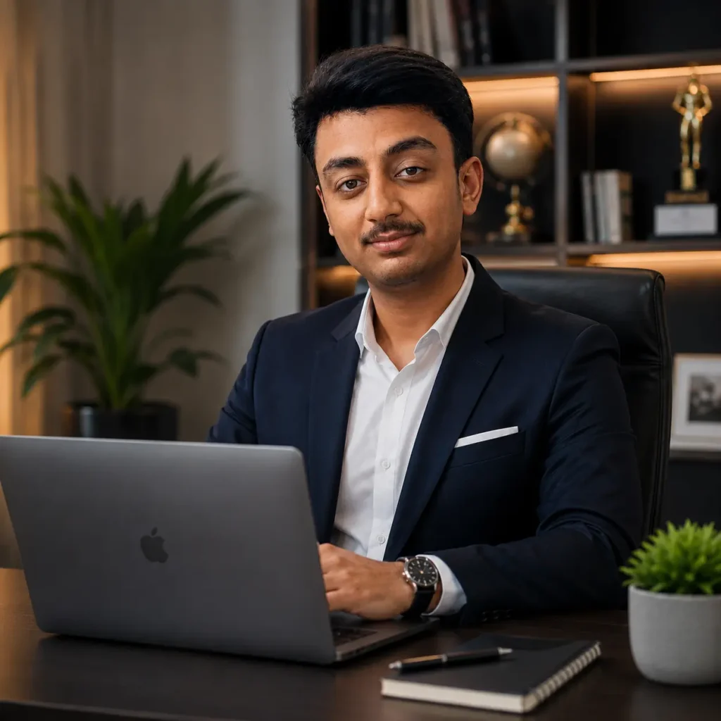 ClickSavo Paid Ads Expert sitting at a corporate office desk using a laptop. A professional young man with a mustache, wearing a dark navy blue suit blazer over a white button-down shirt.