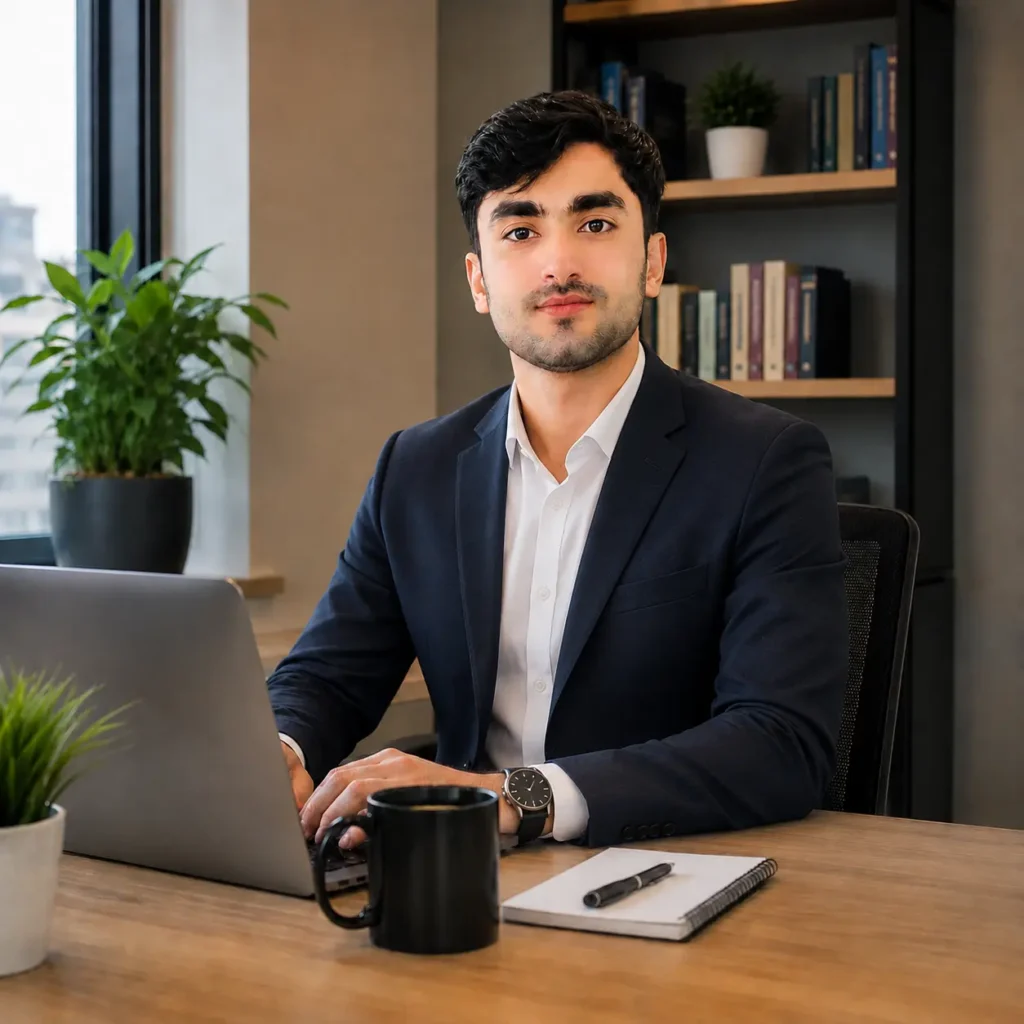ClickSavo SEO Expert working on a laptop at a modern workspace. A professional young man in a tailored dark suit jacket and white collared shirt, with a black coffee mug and notebook on the desk.