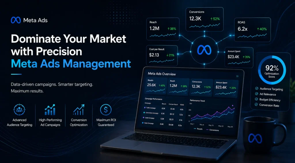 A high-performance Meta Ads marketing dashboard displaying automated target audience segmentation pathways, cross-device scaling analytics, and real-time ROAS optimization metrics.